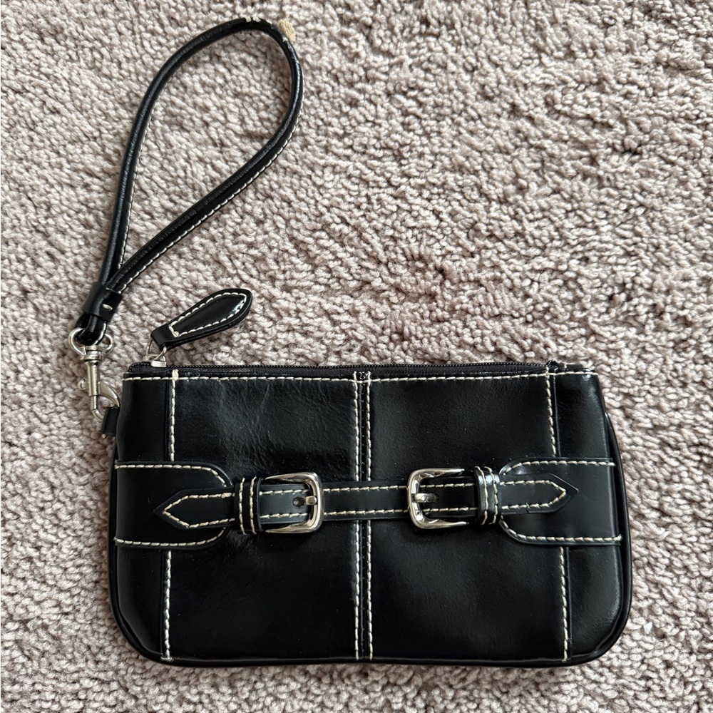 Vintage Y2K Wilsons Leather Black Wristlet Clutch White Stitching & retro Buckle